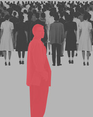 Red male silhouettes standing away from monochrome crowd. Conceptual design. Societal pressures and...