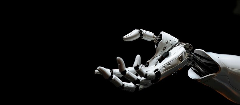 Humanoid robot hand on a black background. AI generated image