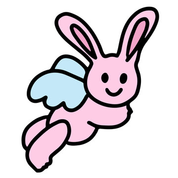 Kid drawing style of rabbit with wings for animal, pet, vet, angel, brand logo, icon, decorations, spring, summer, picnic, stickers, tattoo, print, card, clothing, accessory, garden, clip arts, pink