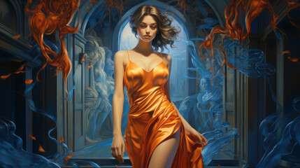 Beautiful Woman. Wallpaper background depicting fantasy art. vibrant hues of autumn leaves in her hair, capturing the essence of seasonal grace and natural beauty