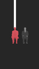 Silhouette of two individuals in same position but with different vision and opinions. Outstanding individual and man with restrictions. Conceptual design. Concept of psychology, difference
