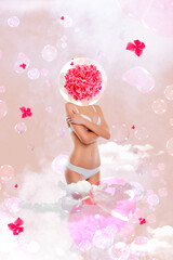 Vertical art collage of beautiful lady in white underwear panties and bra headless bubble with...