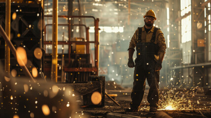 A determined worker in a helmet amidst sparks in an industrial setting. - obrazy, fototapety, plakaty