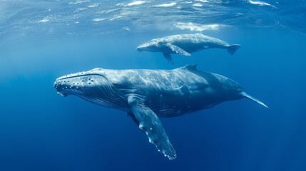 cinematic photo of a whale with her young whale, whale swimming unter water, turkise water color