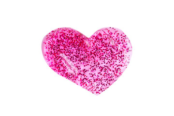 Pink shimmering lip gloss texture in heart shape, texture stroke isolated on white background. Glittering sample