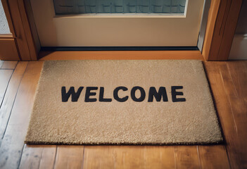 The word WELCOME written on a door mat. - obrazy, fototapety, plakaty
