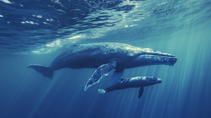 cinematic photo of a whale with her young whale, whale swimming unter water, turkise water color