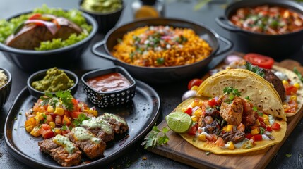 Assorted Mexican Cuisine Spread on Dark Table Featuring Tacos, Fajitas, Grilled Meat, and Rice with Fresh Lime