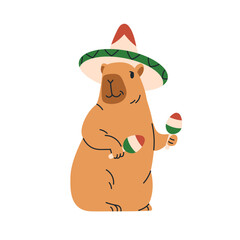 Cute capybara playing maracas. Funny Mexican capibara animal with music instrument. Happy capy in Mexico hat, holding rhythm rattles, shakers. Flat vector illustration isolated on white background - 746371843