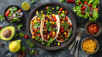 Colorful Mexican Tacos with Ground Beef, Vegetables, Beans, Cheese, Avocado on Dark Textured Table, Top View