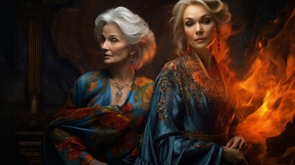 Fototapeta premium Two older beautiful sensual erotic woman. Wallpaper background depicting fantasy art. vibrant hues of autumn leaves in her hair, capturing the essence of seasonal grace and natural beauty