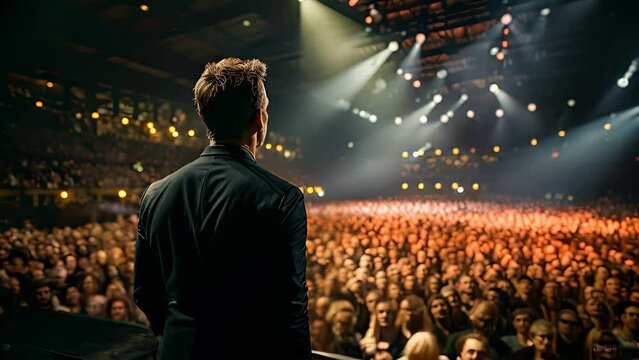 A man stands confidently in front of a lively crowd at a concert, addressing the audience with passion and energy
