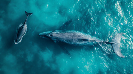 cinematic photo of a whale with her young whale, whale swimming unter water, turkise water color