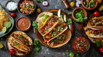 Gourmet Mexican Tacos with Fresh Ingredients and Salsas on a Festive Table Setting - obrazy, fototapety, plakaty