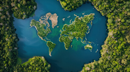 A lake in the shape of the world continents in the middle of nature. topview photography.