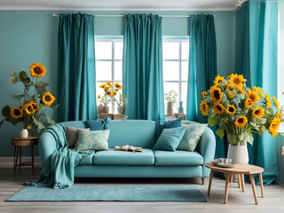Living room in turquoise with yellow sunflowers