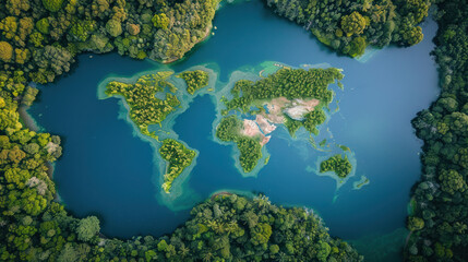 A lake in the shape of the world continents in the middle of nature. topview photography.