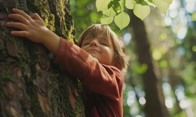 A child with closed eyes lovingly embraces a tree, bathed in soft sunlight filtering through the leaves - obrazy, fototapety, plakaty