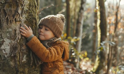 A young child in a warm jacket and knit hat tenderly hugs a tree in a sunlit forest, closing their eyes in a moment of peaceful connection.