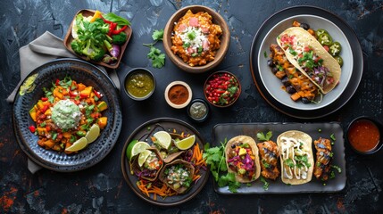 Assorted Mexican Dishes on a Dark Rustic Background, Traditional Cuisine Concept with Tacos, Salsa and Guacamole