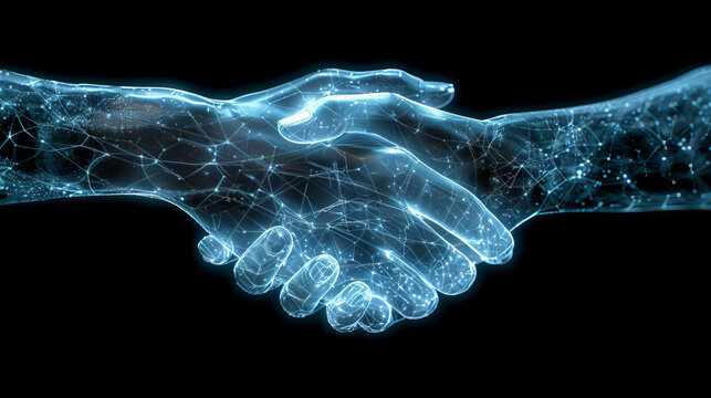Handshake, Two wire-frame glowing hands, technology, business, trust concept,generative ai