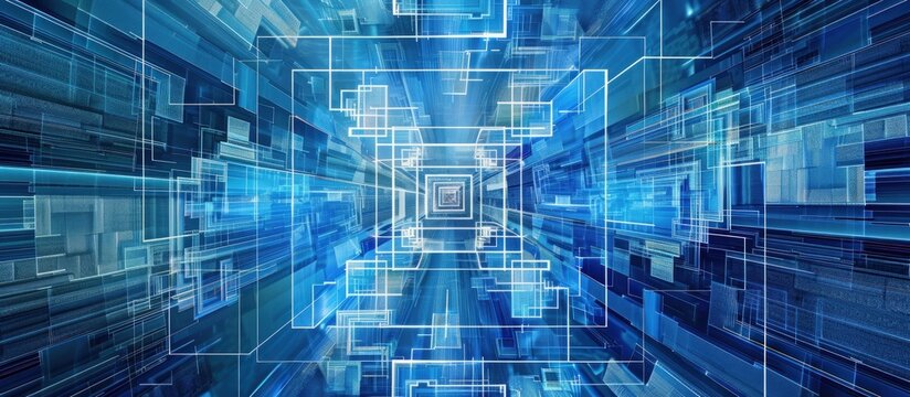 3d illustration of square matrix blue geometrical technology background. AI generated image