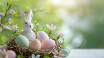 Naklejka na ściany i meble Happy Easter day decoration colorful eggs in nest and rabbit on paper background with copy space
