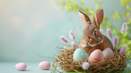 Happy Easter day decoration colorful eggs in nest and rabbit on paper background with copy space