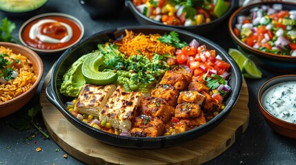 Colorful Mexican grilled chicken fajita bowl with rice, avocado, corn, black beans, and fresh salsa on dark table