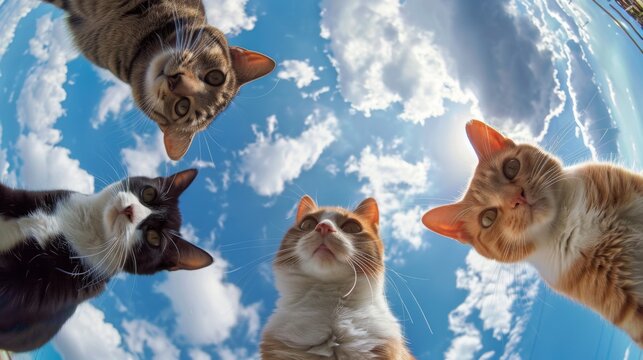 Bottom view of cats standing in a circle against the sky. An unusual look at animals. Animal looking at camera