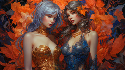Two beautiful sensual erotic woman. Wallpaper background depicting fantasy art. vibrant hues of autumn leaves in her hair, capturing the essence of seasonal grace and natural beauty