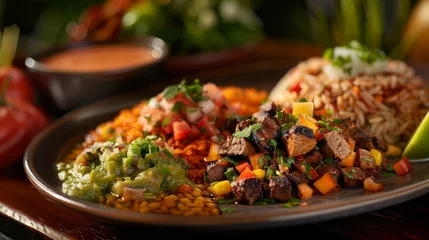 Fototapeten Delicious Traditional Mexican Fajita Plate with Grilled Meat, Rice, Beans, and Fresh Vegetables on Wooden Table with Salsa © pisan
