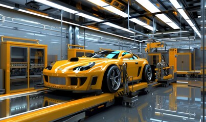 a high-tech sports car undergoing assembly in an advanced automotive factory. The vehicle is showcased in a modern manufacturing setting with specialized machinery and robotic equipment.