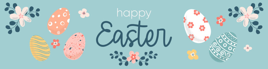 Happy Easter background with hand drawn eggs, flowers, greenery and text. Cute vector illustration, Easter doodle background for horizontal poster, greeting card, website header, home decor.