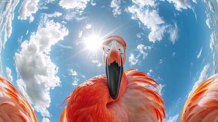 Bottom view of a flamingo against the sky. An unusual look at animals. Animal looking at camera - obrazy, fototapety, plakaty