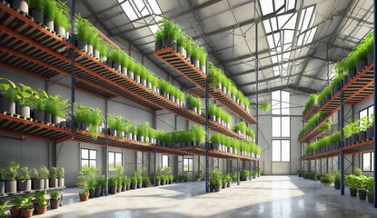 An urban building housing a vast collection of potted terrestrial plants on shelves, adding a green...