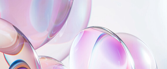 Closeup of glossy abstract crystal transparent glass shapes with multicolored holographic gradient reflection, soft light pastel colors. Modern wallpaper design.
