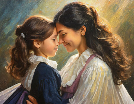 Mother and daughter in 19th century clothes looking at each other with love. Oil painting portrait, mother's day background