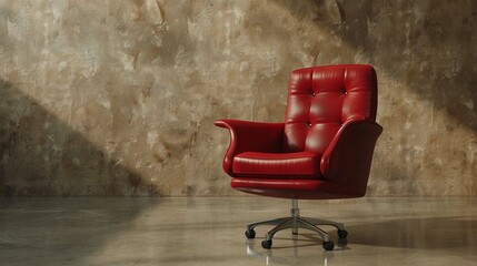An elegant leather red office chair placed on a shiny floor in front of the wall in the empty room. Nobody, copy space