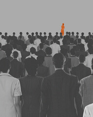 Female orange silhouette standing forward of monochrome crowd. Having different vision and point of view. Conceptual design. Concept of psychology, loneliness in society, difference - obrazy, fototapety, plakaty