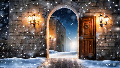 Dreamlike view of medieval street with opened castle gate nearby a closed wooden door at a snowy...