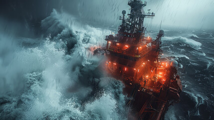 oil rig or natural gas rig at sea in extreme weather conditions,generative ai