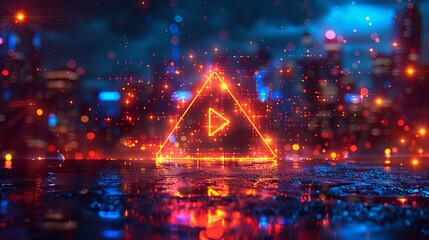 Neon play triangle button on dark background. Music concept.