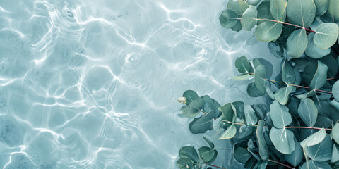 Plakat eucalyptus plant leaves in water, beauty spa wellness skincare product background banner with copy space