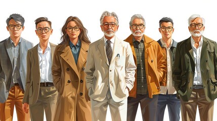 Paint illustration group of asian people in casual clothes isolated on white background.