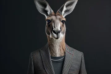 Rolgordijnen Stylish kangaroo in houndstooth blazer and casual t-shirt on black studio background © boxstock production