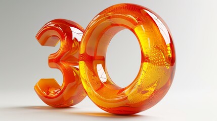 3d number ornage liquid 30 on white background with reflection.