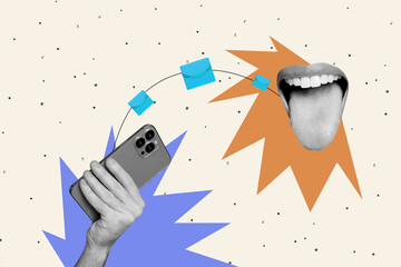 Collage artwork banner of digital app smartphone sending a message to open mouth networking email...