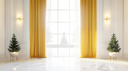 White room with the marble floor and big window and Yellow curtain, chrismass tree and wall lamp, winter season