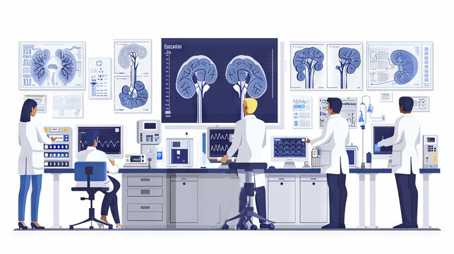 Medical research and diagnosis. Male and female doctors working with x-ray image of human brain. Vector illustration in flat style